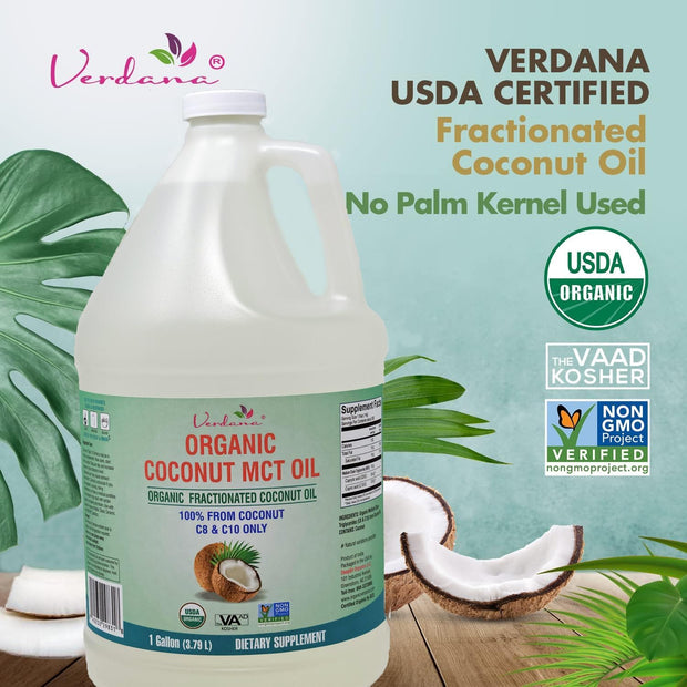 Verdana USDA Certified Organic Coconut MCT Oil –Fractionated Coconut Oil – No Palm Kernel Used – Kosher, Food Grade, Non-GMO – Great for Keto and Paleo Diets – 1Gallon
