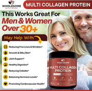 Wholesome Wellness Multi Collagen Protein Powder Hydrolyzed (Type I II III V X) Grass-Fed All-in-One Super Bone Broth + Peptides - Premium Blend of Beef, Chicken, Wild Fish, Eggshell, 58 Servings