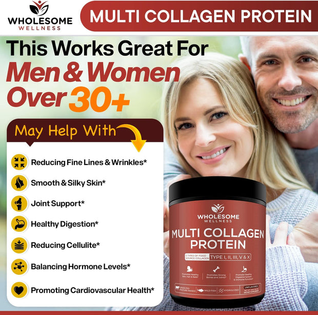 Wholesome Wellness Multi Collagen Protein Powder Hydrolyzed (Type I II III V X) Grass-Fed All-in-One Super Bone Broth + Peptides - Premium Blend of Beef, Chicken, Wild Fish, Eggshell, 58 Servings