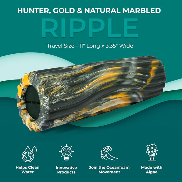 Oceanfoam Ripple Travel Foam Roller (11" x 3.35") Firm Mini Foam Roller for Physical Therapy, Deep Tissue Massage, Back Pain - High Density, Ergonomic Wave Textured - Yoga, Exercise (Black Marbled)