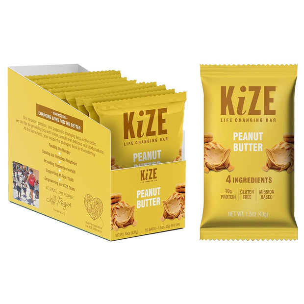 KiZE Energy Bars - Peanut Butter - Gluten Free, Non-GMO, and High Protein Meal Replacement Energy Bars, Clean and Simple Food Ingredients - 10g High Protein Snacks, (10 Count)