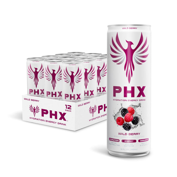 PHX Hydration Energy Drink - 700mg Electrolytes, 200mg Natural Green Tea Caffeine, 100% Daily Value 8 Essential Vitamins - 12 oz Cans (12 Pack) (12 Pack, Watermelon Lime)