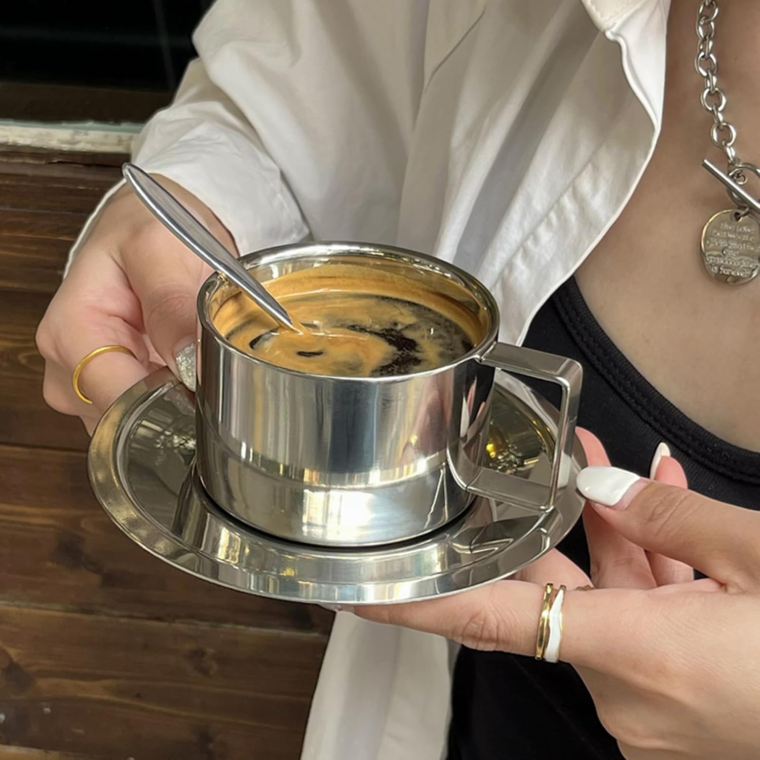ZENFUN 4 Pack 6.8 oz Coffee Cups Set, 18/8 Stainless Steel Espresso Cup with Saucer and Spoon, Cute Coffee Mugs with Handle, Drinkware Cup for Latte, Cappuccino, Milk, Tea