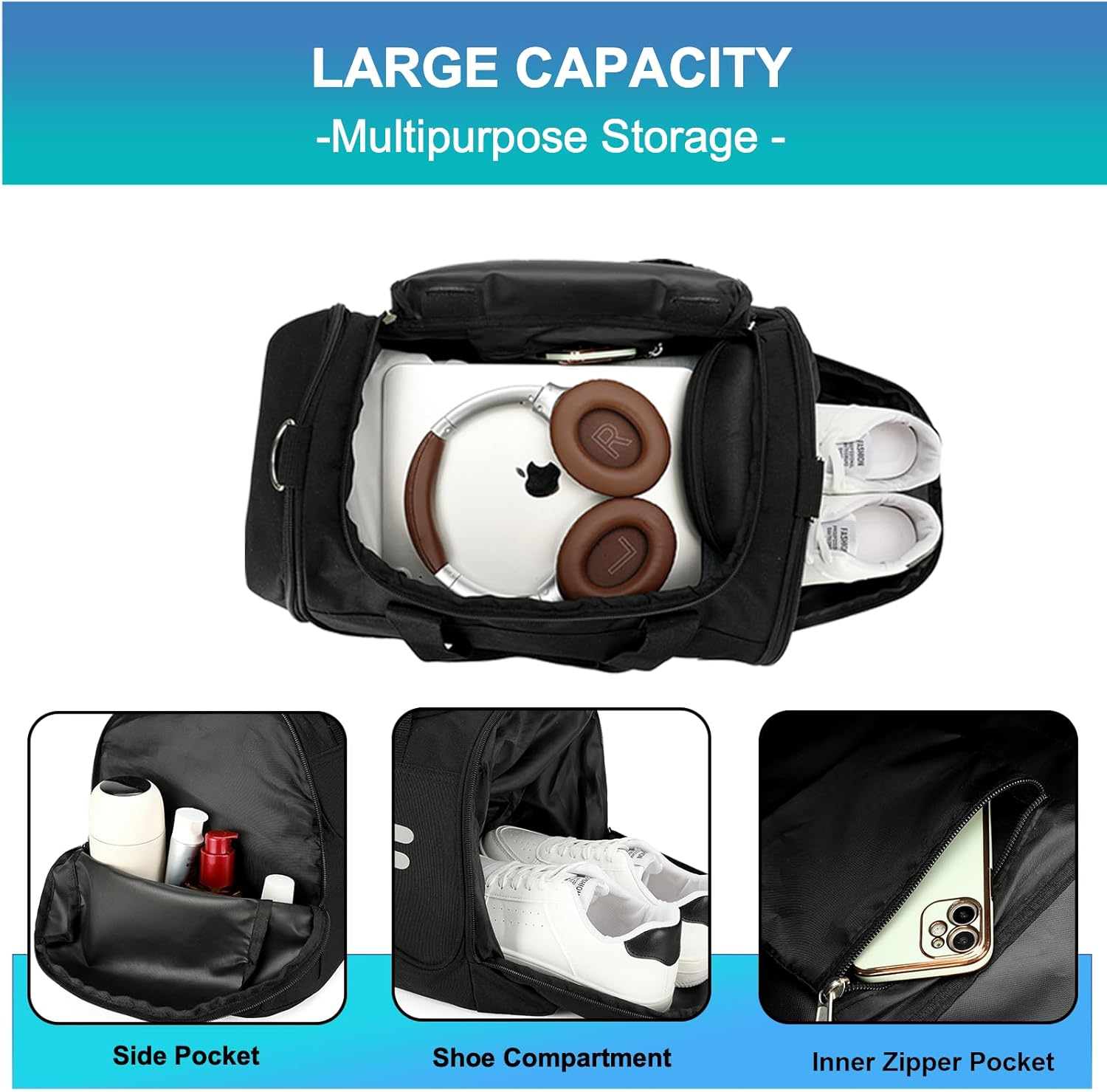 Gym Bag for Men & Women - 40L Sports Duffle Bag Carry On Weekender Overnight Bag with Shoe Compartment, Water Resistant Duffle Bag for Travel, Sports, Fitness & Workout, Black
