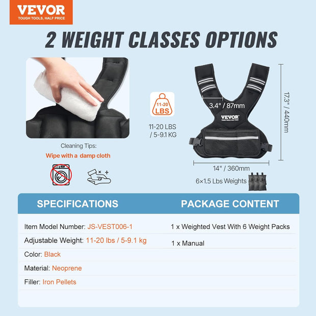 VEVOR Adjustable Weighted Vest, 11-20lb/20-32lbs/35lbs/40lbs Weight Vest with 6 Ironsand Weights and Reflective Stripe, Workout Equipment for Strength Training Running Jogging