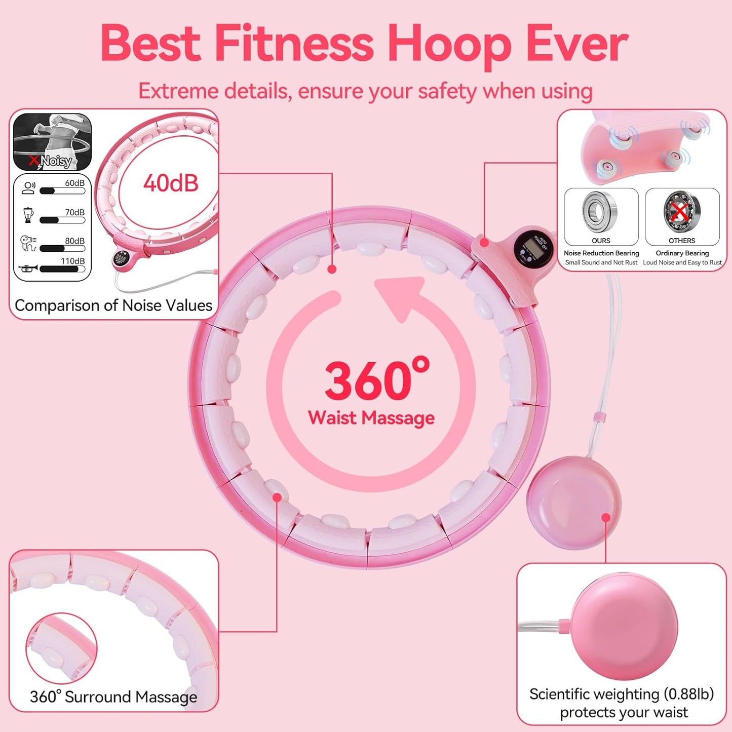 Humixx Infinity Hoop for Adult Weight Loss, 2 in 1 Smart Fitness Workout Hoop Weighted with 14 Detachable Knots, Exercise Fit Hoop Suitable for Women and Kids, Pink