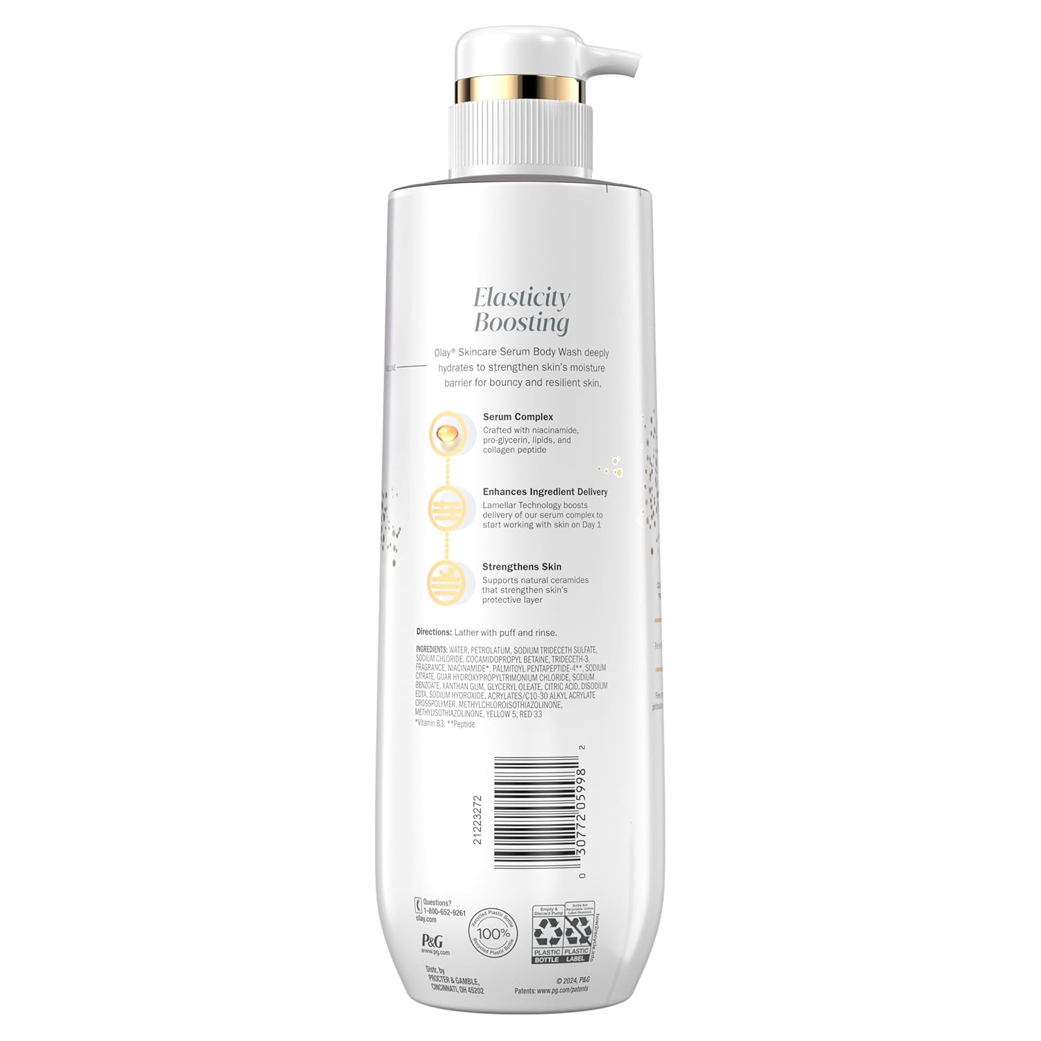 Olay Body Wash for Women, Elasticity Boosting, Collagen Peptide Serum Complex, Renews Moisture, Free of Parabens & Phthalates, Vitamin B3 Lameller Technology, For All Skin Types, 20 fl oz (Pack of 4)