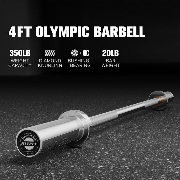 RITFIT Olympic Barbell 4ft/4.8ft/6ft - 2 Inch Weight Bar for Strength Training, Weightlifting, Squat, Deadlift, Bench Press, Curl, Overhead Press - 350lbs/500lbs Capacity