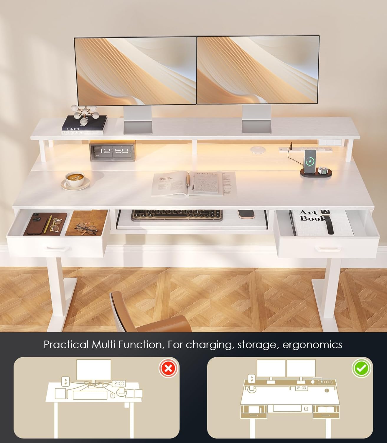 Electric Standing Desk with Drawers & Keyboard Tray, 55 Inch Height Adjustable Desk with Power Outlets & LED Lights, Sit Stand Table with Monitor Stand for Home, Office, White