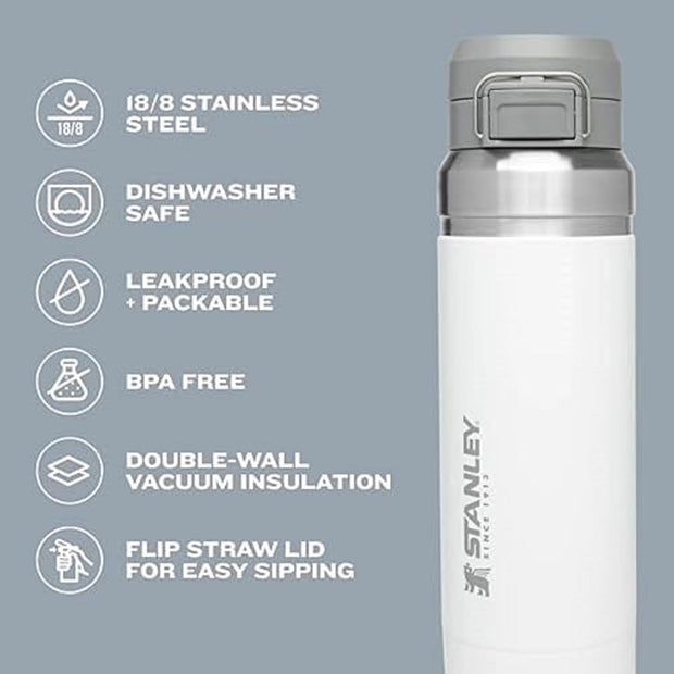 Stanley Quick Flip GO Water Bottle 24 oz | Push Button Lid | Leakproof and Packable for Travel and Sports | Insulated Stainless Steel | BPA-Free | Polar