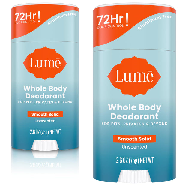 Lume Whole Body Deodorant - Smooth Solid Stick - 72 Hour Odor Control - Aluminum Free, Baking Soda Free and Skin Safe - 2.6 Ounce (Pack of 2) (Soft Powder)