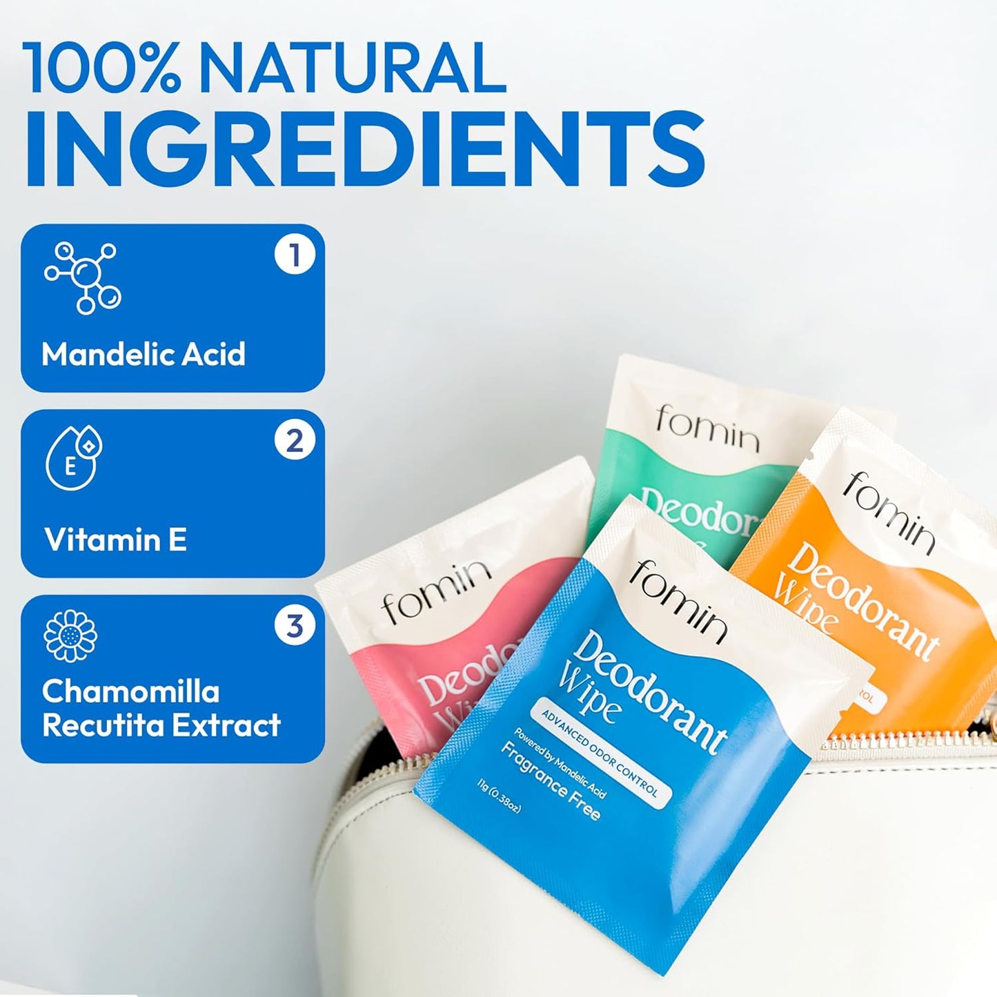FOMIN Acidified Travel Deodorant Wipes For Women & Men - 30 Count - Fragrance Free - pH Balanced, Mini Deodorant Travel Size Wipes - Plastic-Free, Individually Wrapped Underarm Body Wipes