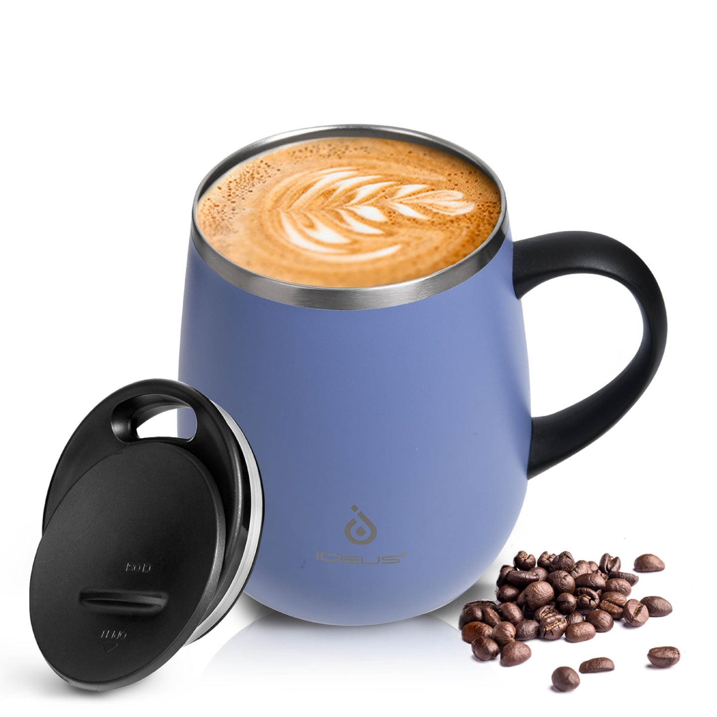 Ideus 16 oz Insulated Coffee Mug with Handle and Lid, Double Wall Stainless Steel Vacuum Thermal Coffee Mug, Travel Coffee Cup Thermal Cup for Home and Office, Storm Black