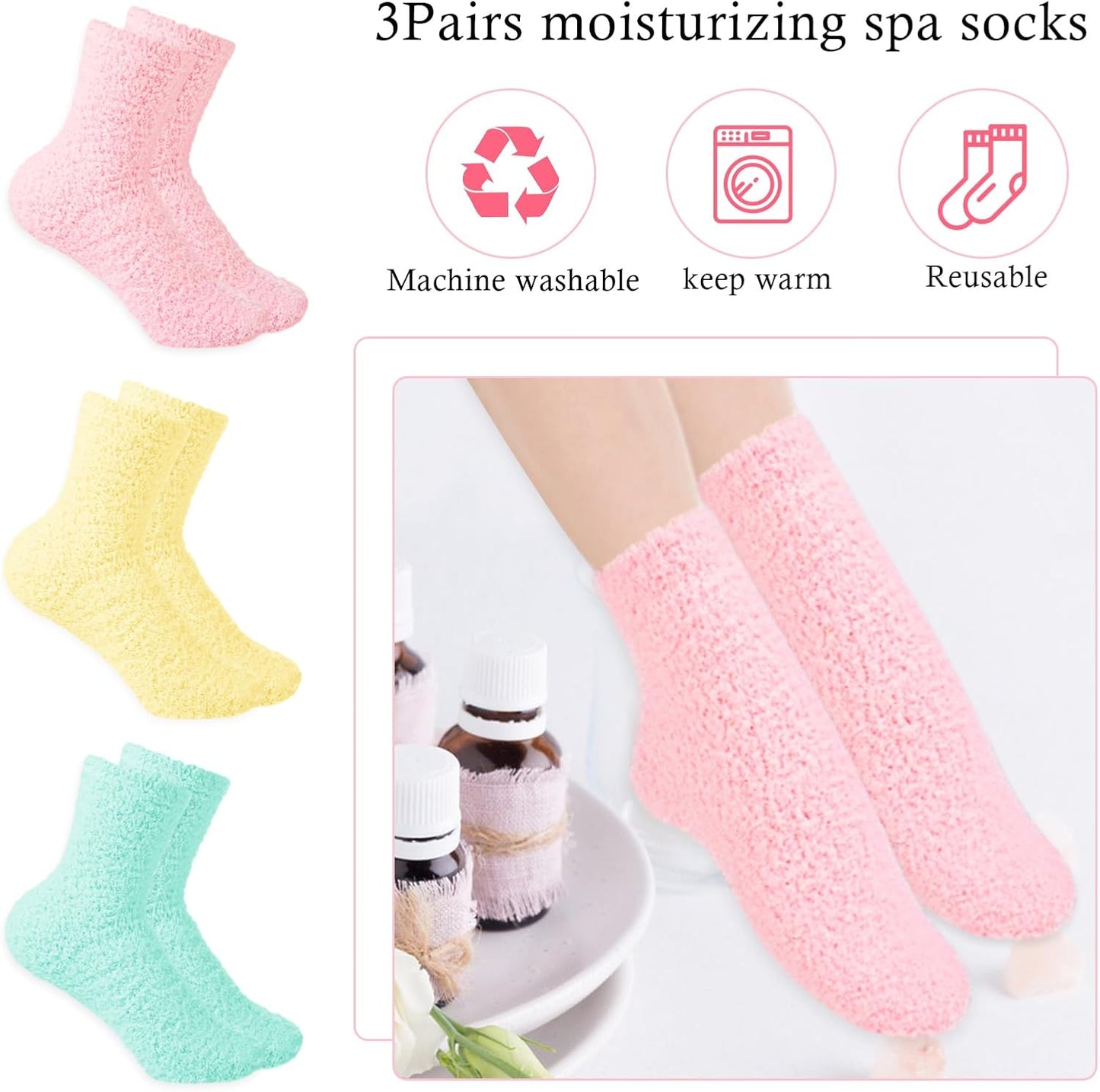 3Pairs Aloe Socks Moisturizing Spa Socks Sleeping Fuzzy Socks for Dry Feet Overnight, Non Slip Coral Fleece Lotion Socks Women Spa Pedicure Foot Care Socks for Repairing Dry Feet,Cracked Heel