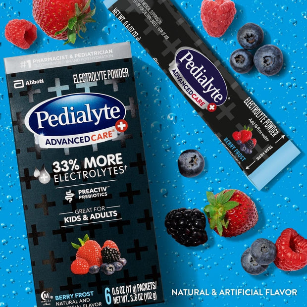 Pedialyte AdvancedCare Plus Electrolyte Powder, Has 33% More Electrolytes and PreActiv Prebiotics, Berry Frost, 18 Powder Packets