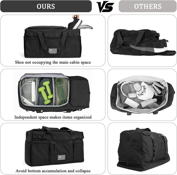 ZOMFELT Gym Bag for Men Women, Tactical Travel Duffel bag with Removable Dividers & Shoe Compartment, Weekender Carry on Bag with Toiletry Bag, Overnight Range Bag for Workout Soccer Yoga Gym, Black