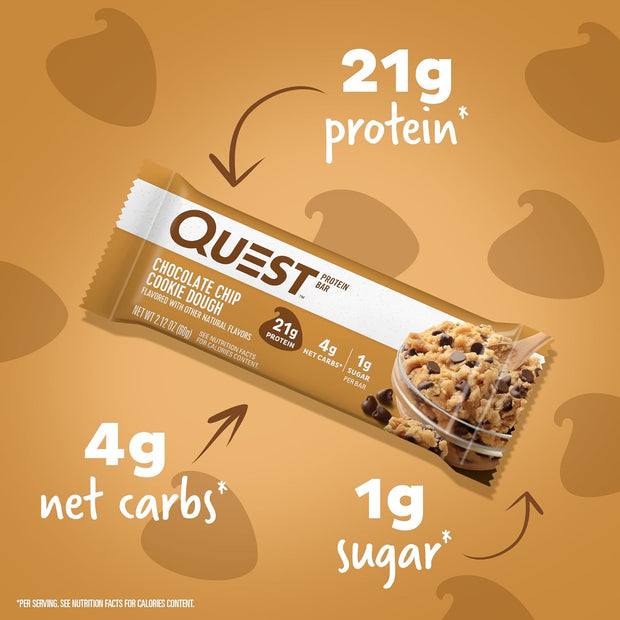 Quest Nutrition Chocolate Chip Dough Cookie Protein Bars, 21g Protein, 1g Sugar, 4g Net Carb, High Fiber, Gluten Free, Keto Friendy, 12 Count