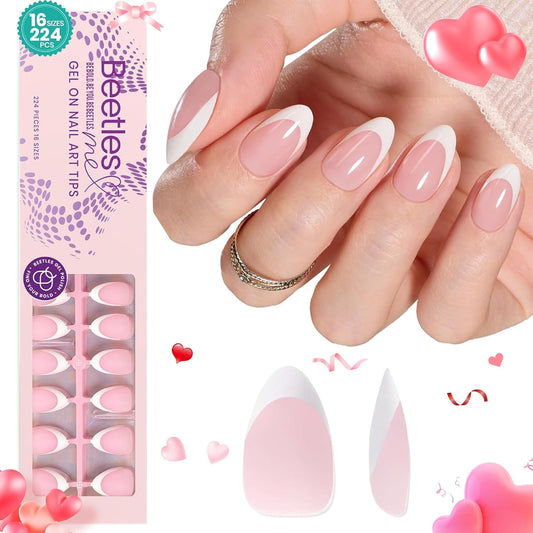 Beetles French Tip Press On Nails, 16 Sizes 224 Pcs Pink Short Almond Press On Nails 4 In 1 Gel Nail Tips Pre-Applied Primer Base Coat Soak Off Uv Nail Extension DIY Manicure Gift for Women
