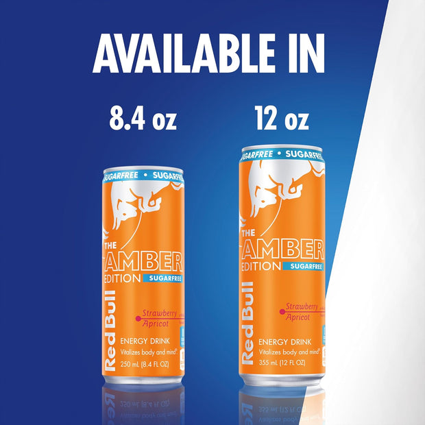 Red Bull Amber Edition Sugar Free Energy Drink, Strawberry Apricot, with 80mg Caffeine plus Taurine & B Vitamins, 8.4 Fl Oz, 6 Packs of 4 Cans (Pack of 24)