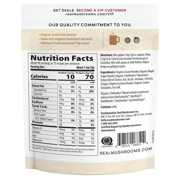 Real Mushrooms Organic Hot Chocolate Mix with Reishi, Turkey Tail, Chaga, Shiitake, Maitake – Cacao Powder Organic Mushroom– 5 Defenders Mushroom Cacao Powder, Vegan, Gluten-Free, 15 Servings