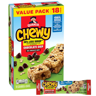 Quaker Chewy Granola Bars, Reduced Sugar Chocolate Chip, 18 Pack