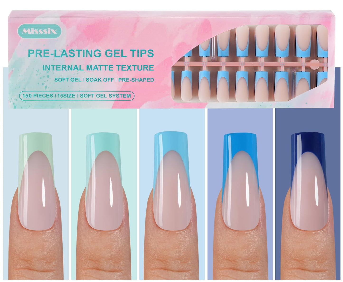 Misssix French Gel Nail Tips, 150Pcs French Tip Press on Nails Long Square Design, No Need to File Tips Pre-lasting, Fake Nails for Nail Art DIY 15 Sizes