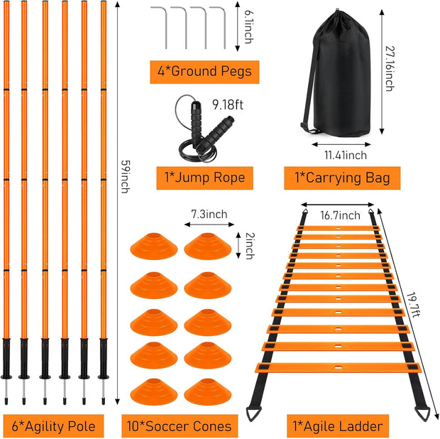 Soccer Agility Training Equipment: 6 Soccer Agility Poles, 20ft Agility Ladder, 10 Soccer Cones, 1 Jump Rope. Soccer Training Poles for Speed Training, Agility Training