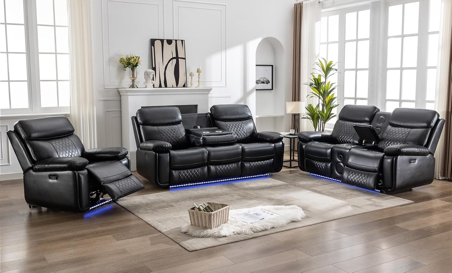 Power Recliner Sofa Set of 3 Piece with Bass Speakers for Living Room,Faux Leather Electric Zero Gravity 3 Seater Reclining Couch with Wireless Charger and Loveseat Theater Chair with LED Lights,Black