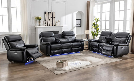 Power Recliner Sofa Set of 3 Piece with Bass Speakers for Living Room,Faux Leather Electric Zero Gravity 3 Seater Reclining Couch with Wireless Charger and Loveseat Theater Chair with LED Lights,Black