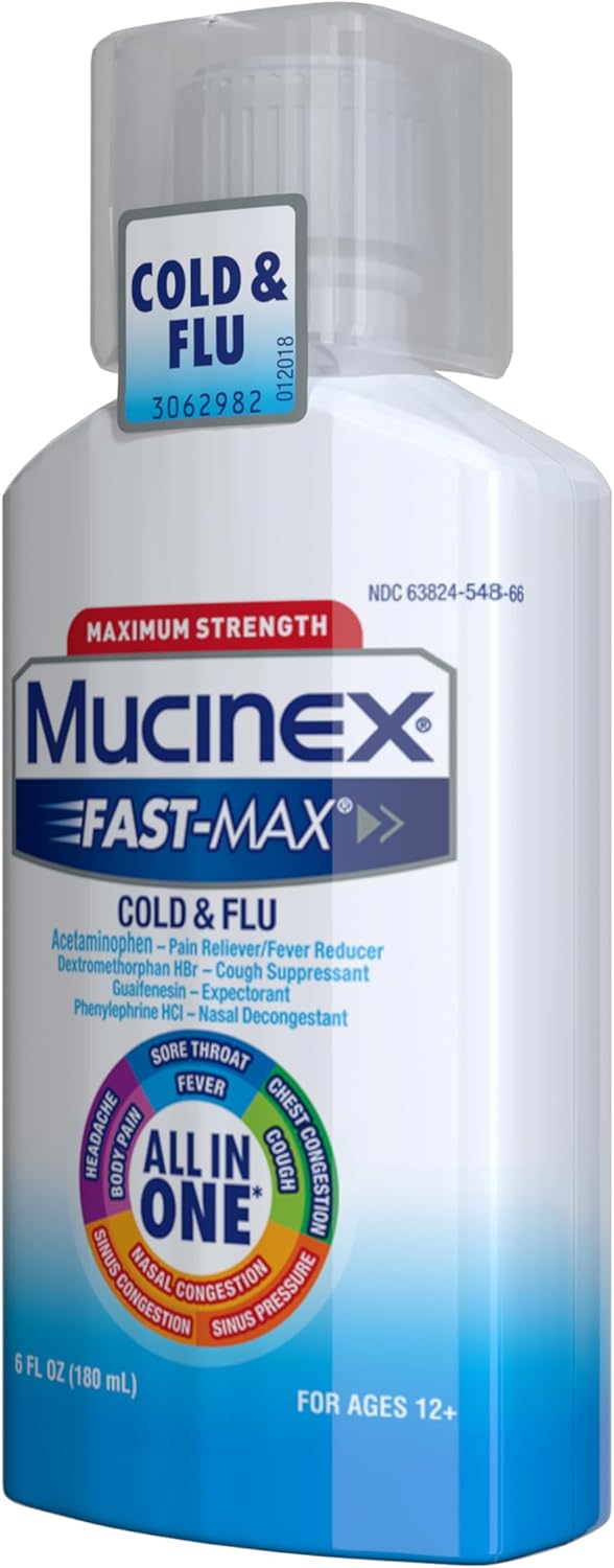Mucinex Maximum Strength Fast-Max Cold & Flu and Nightshift, All-in-One Multi Symptom Relief Liquid, 6 Fl Oz - 2 Count (Pack of 1)