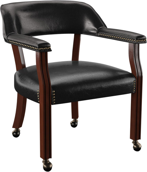 Steve Silver Furniture Tournament Arm Dining Chair with Casters, Upholstered w/Nailhead Trim, for Living Room, Dining Room, Vegan Leather, 18-Inch Seat Height, 25" W x 25" D x 31" H, Black
