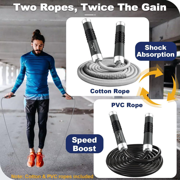 Weighted Jump Rope, 1LB Tangle-Free Ball Bearing Rapid Speed Skipping Rope for Men Women, Adjustable 9mm Cotton & PVC Rope with Alum Handle for Boxing MMA Weight-Loss Athletic Workout Fitness