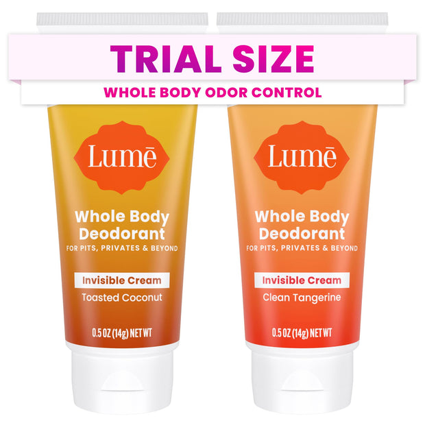 Lume Whole Body Deodorant - Mini Travel Size Invisible Cream Tube - Trial Size - 72 Hour Odor Control - Doctor Developed - Aluminum and Baking Soda Free - .5oz (Pack of 2) (Fresh Alpine & Unscented)