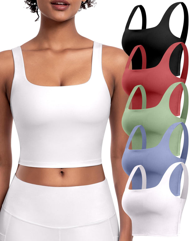 Womens Sports Bras 5 Packs - Square Neck Longline Workout Crop Tank Tops Padded Yoga Camisole with Built in Pads