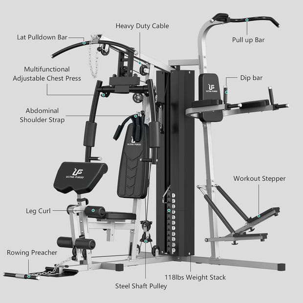 Multifunctional Home Gym Equipment Workout Station with Pulley System, Arm, and Leg Developer for Full Body Training