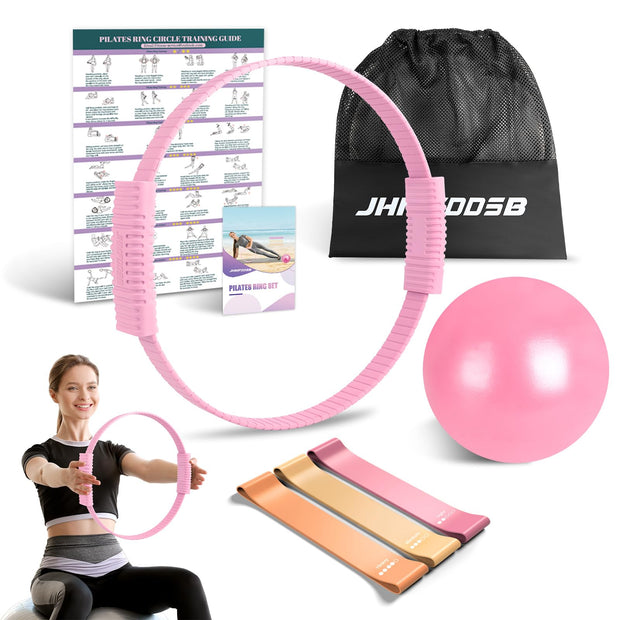 Pilates Ring Set, Pilates Essentials Kit with Pilates Ring and Ball, 3 Resistance Bands, Portable Bag & Training Poster, at Home Pilates Starter Workouts Equipment Kit for Women