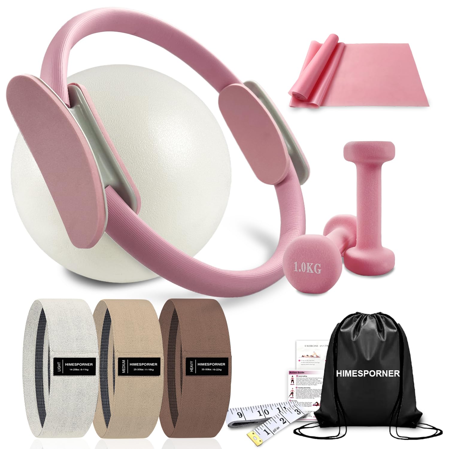 Pilates Ring Set 9 PCS, Magic Circle Yoga Ring, Pilates Ball, 2.2lb *2 Dumbbells, Resistance Bands, Tape Measure, Pilates Weight Kit Equipment Accessories for Home Workouts Fitness Yoga