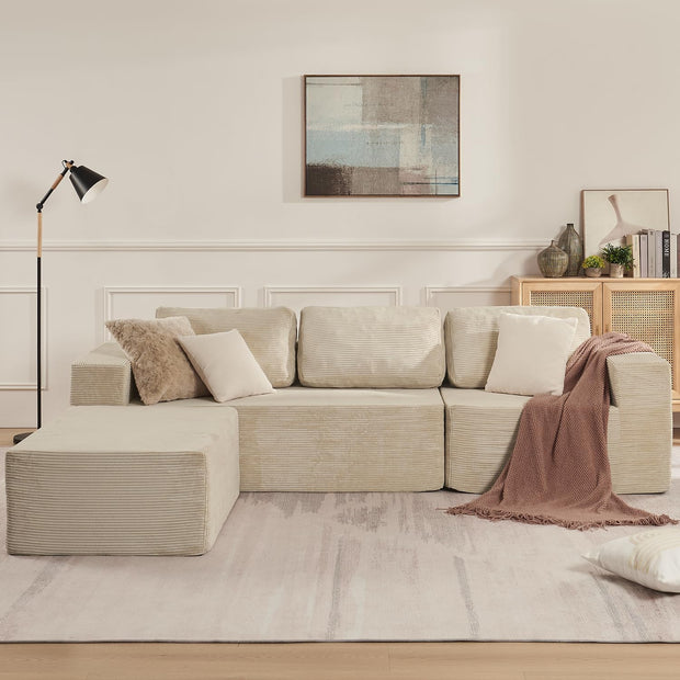 106" Cloud Sectional Couch, Left/Right Facing Convertible Sofa with Deep Seat, L-Shape Modular Upholstered Foam Couch for Living Room Bedroom, No Assembly Required (Corduroy Fabric, Beige)