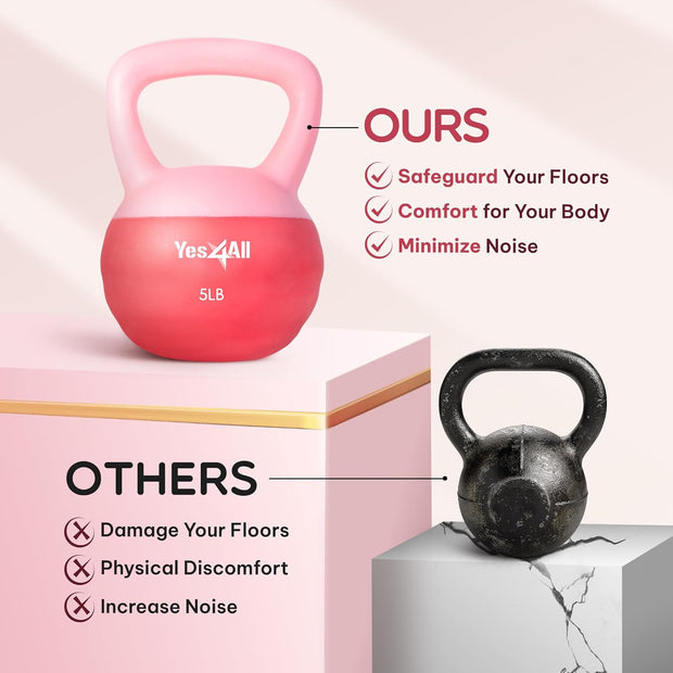 Yes4All Soft Kettlebell, PVC Kettlebells Exercise Weights & Color-Coded Strength Training Kettlebells with 4 Options (5,10,15,20lb), Gentle Hand Weights for Women at Home