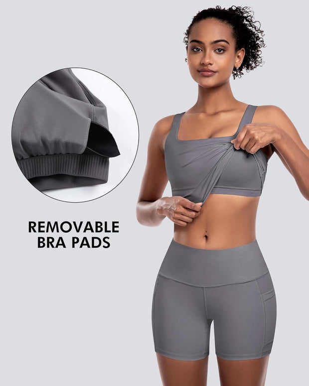 Womens Sports Bras 5 Packs - Square Neck Longline Workout Crop Tank Tops Padded Yoga Camisole with Built in Pads