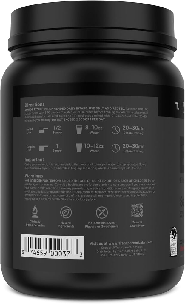 Transparent Labs Bulk Black Pre Workout - Clinically Dosed, Sugar Free Preworkout for Men and Women with Beta Alanine Powder, Citrulline Malate, & Caffeine - 30 Servings, Cherry Kiwi