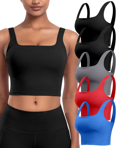Womens Sports Bras 5 Packs - Square Neck Longline Workout Crop Tank Tops Padded Yoga Camisole with Built in Pads