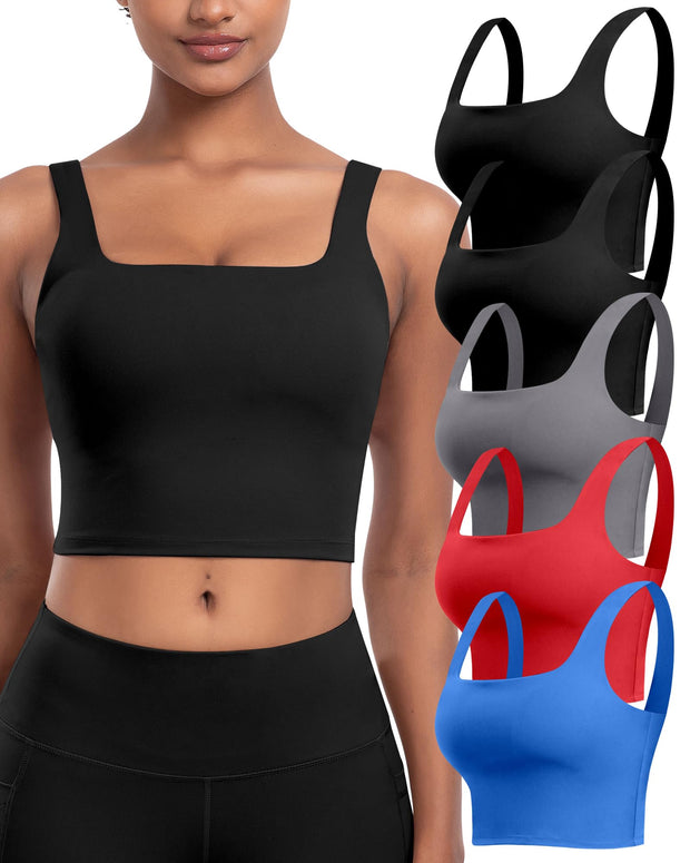 Womens Sports Bras 5 Packs - Square Neck Longline Workout Crop Tank Tops Padded Yoga Camisole with Built in Pads