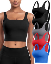 Womens Sports Bras 5 Packs - Square Neck Longline Workout Crop Tank Tops Padded Yoga Camisole with Built in Pads