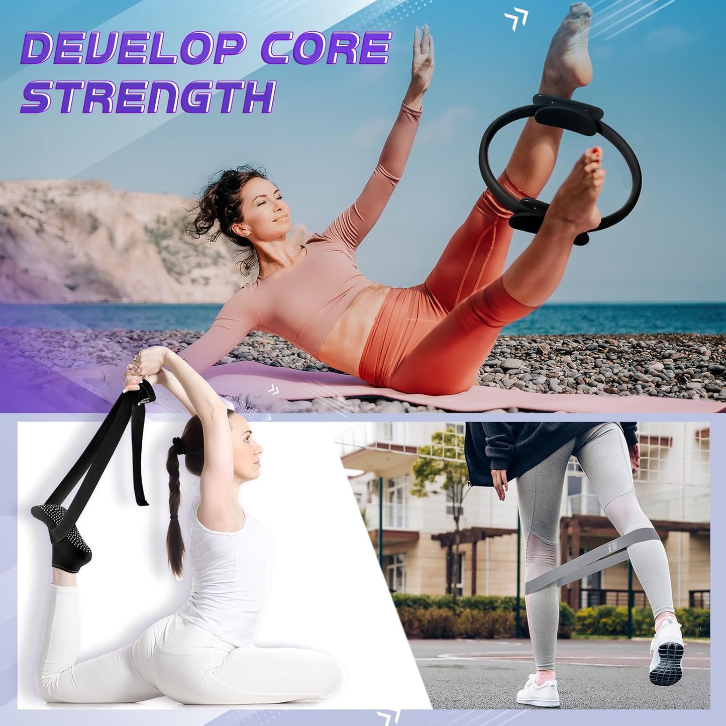 Poen 18 Pcs Pilates Ring Kit Home Pilates Ring Circle and Ball Set for Women Yoga Fitness Set with 5 Resistance Band Stretching Strap Non Slip Sock Ball Core Slider Wristband Headband Gym Bag