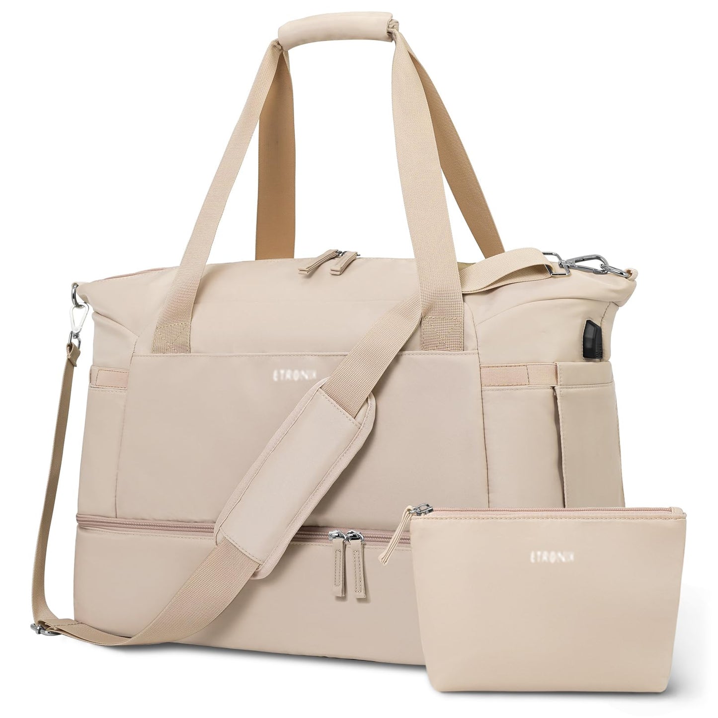 ETRONIK Gym Bag for Women, Personal Item Travel Bag with Shoes Compartment, Weekender Overnight Duffel Bag with Wet Pocket & USB Charging Port, Carry On Bag for Women, Travel, Gym, Weekend (Beige)