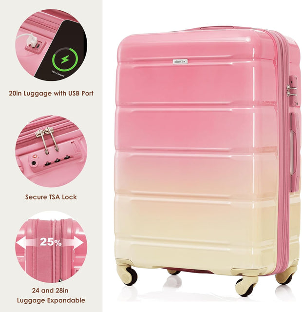 Merax Luggage Sets 3 Pcs, ABS Hardside Suit case with Spinner Wheels Lightweight TSA Lock, Gradient Pink, 20/24/28 Inch