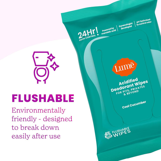 Lume Acidified Deodorant Wipes - 24 Hour Odor Control - Aluminum Free, Baking Soda Free, Skin Loving - 45 Count (Pack of 3) (Cool Cucumber)