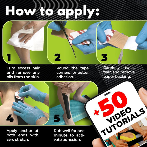 Waterproof Kinesiology Tape - 3 Rolls - Knee Support & Muscle Pain Relief - 16.4 ft Uncut Sports Kinetic Tape for Joint Stability - 50 Instructional Videos