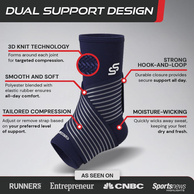 Sleeve Stars Ankle Brace for Women & Men, Ankle Wrap for Sprain, Compression Sleeve for Plantar Fasciitis Relief, Easy Customizable Support: w/ Removable Strap (Single/M:10"-12"/Black)